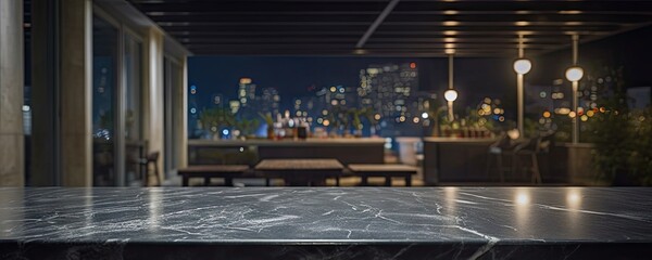 Fototapeta na wymiar Modern interior design with marble table. Luxurious dining space. Empty business restaurant interior. Sleek and stylish. Vintage decor in modern room