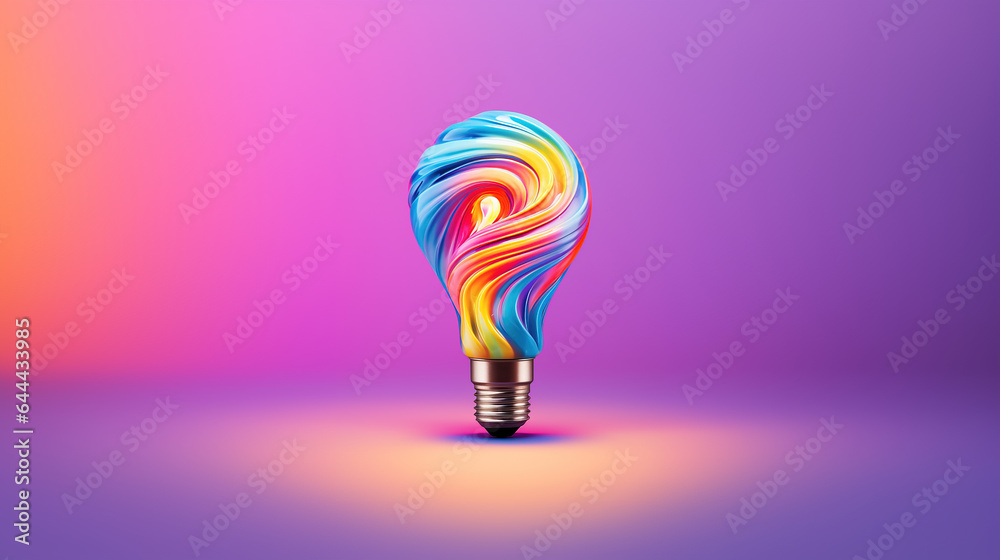 Wall mural creative colorful inspiration concept with lightbulb made from liquid paint on purple background