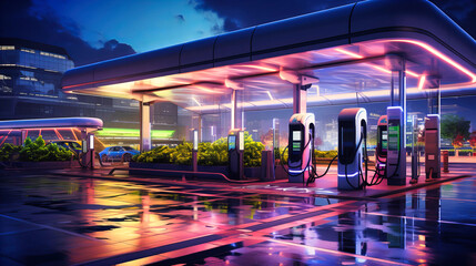 Electric vehicle charging stations illuminated at dusk