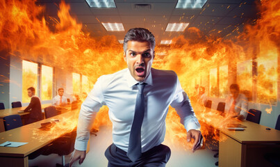 Work stress concept with businessman running from office fire