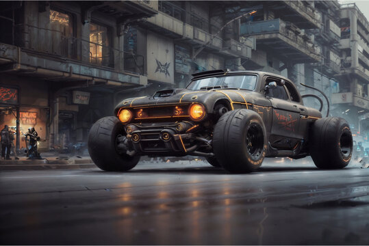 Illustration eines chopped Ratten Hot Rods im cybepunk Style