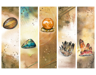 5 Crystal Bookmarks with Hand-painted Watercolor Illustrations, Brown Crystal, Red Crystals, Orange Sphere, Labradorite, Tiger Eye, Abstract Watercolor Art