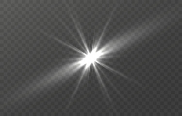 White beautiful light explodes with a transparent explosion. Vector, bright illustration for perfect effect with sparkles. Bright Star. Transparent shine of the gloss gradient, bright flash.