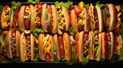 Fresh made hot dogs top view. Delicious fast food background.