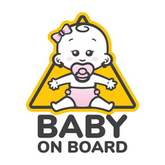 Vector yellow triangle sign with girl with pacifier and text - Baby on board. Isolated white background.