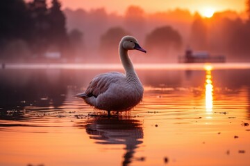 A picturesque background image, featuring a December sunrise at the lake with a graceful swan, evoking the serene beauty of a winter morning scene. Photorealistic illustration, Generative AI