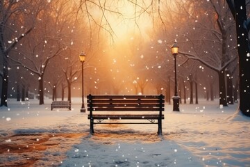 A background image for creative content in December, showcasing a park with a snow-covered bench, as the sun sets, creating a winter-themed scene. Photorealistic illustration, Generative AI