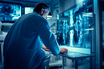 Cirujano ortopédico examinando la rodilla del paciente radiografías, resonancia magnética ósea, tomografía computarizada en la unidad de radiología ortopédica, fondo del hospital.  - obrazy, fototapety, plakaty