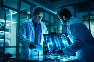 Cirujano ortopédico examinando la rodilla del paciente radiografías, resonancia magnética ósea, tomografía computarizada en la unidad de radiología ortopédica, fondo del hospital.  - obrazy, fototapety, plakaty
