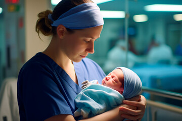 Enfermera acunando a un bebé recién nacido, mostrando emociones de crianza y cuidado. Un momento de atención sanitaria captado en un moderno hospital.