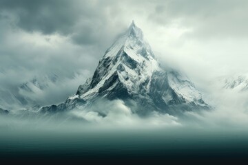 A captivating background image, showcasing a snow-covered mountain peak shrouded in clouds, creating a dramatic and atmospheric winter scene. Photorealistic illustration, Generative AI