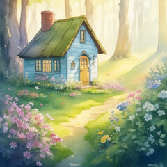 house, tree, illustration, landscape, nature, AI, creation, grass, garden, wood, home
