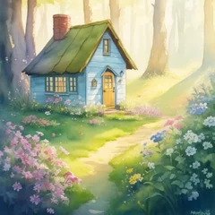 Deurstickers house, tree, illustration, landscape, nature, AI, creation, grass, garden, wood, home © 송이 김