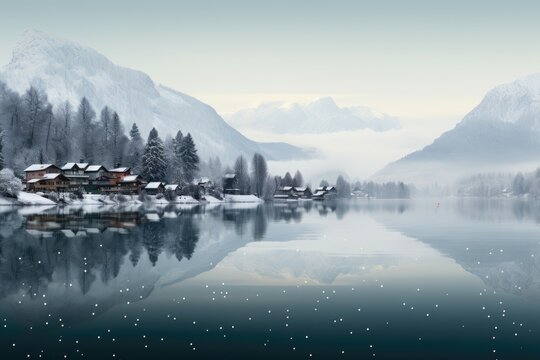 A serene background image for creative content in December, featuring houses along the misty edge of a lake with mountains in the distance. Photorealistic illustration, Generative AI