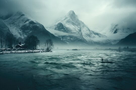 A serene background image in December, depicting a river running with distant mountains, capturing the tranquil beauty of a winter landscape. Photorealistic illustration, Generative AI