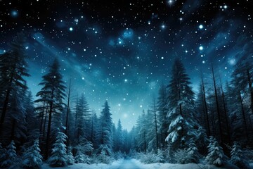 Fototapeta na wymiar A mesmerizing background image for creative content, depicting a starry sky over a snow-covered winter forest, creating a enchanting atmosphere. Photorealistic illustration, Generative AI