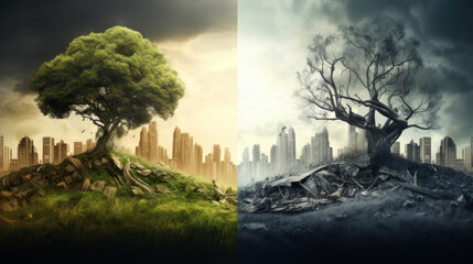 Bad vs good environment. Good and poor ecology comparison. Humanity against nature. Pollution against nature. Contrast between wildlife and cities. Global warming and environment concept.