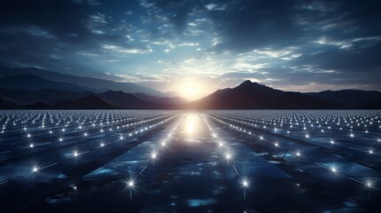 solar panels at sunset with mountains and sun in the sky. solar energy panels collecting sun power in the desert. 3d render of mega solar power plant. Sustainable green energy concept.
