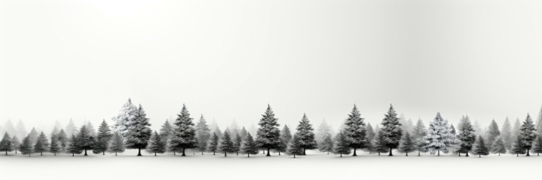 A wide-format black and white background image featuring a forest against a white background, offering a canvas for various design purposes. Photorealistic illustration, Generative AI