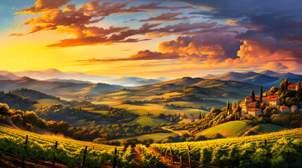 Naklejka na ściany i meble Vineyards sprawling across rolling hills at twilight