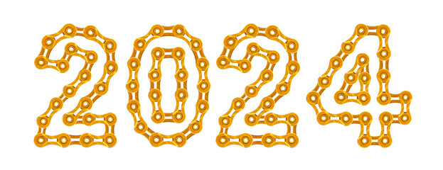 2024 Happy New Year made of golden bicycle chain on white background