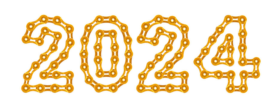 2024 Happy New Year made of golden bicycle chain on white background