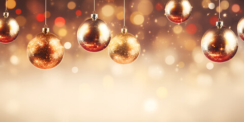 Fototapeta na wymiar Christmas background with golden balls new year's decor christmas balls and golden and rad bokeh lights, Christmas ornaments hanging from a string with lights in the background, generative Ai