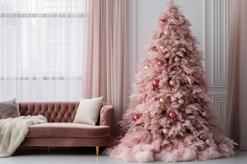 Modern pink Christmas tree with pampas grass in a minimalist glamour interior, pastel colors.