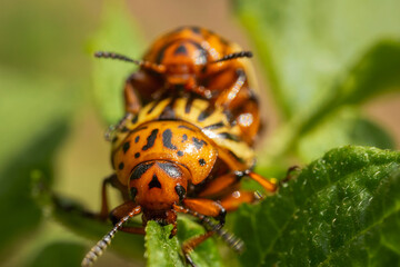 Colorado potato beetles mating on the leaves of green potatoes.