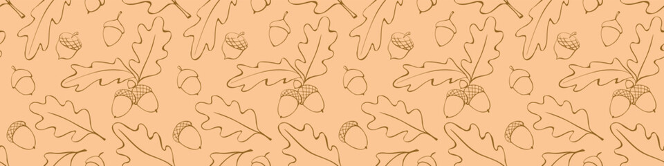 Seamless pattern with oak leaves, acorns. Vector autumn texture isolated, hand drawn in doodle style, brown outline. Concept of forest, leaf fall, nature, thanksgiving © Iuliia