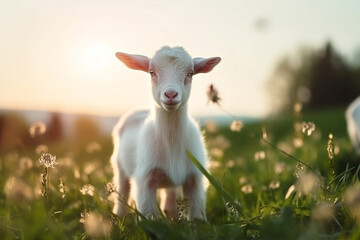 Fototapeta premium Rural landscape farming goat cute grass animals domestic sun sunset green