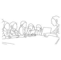 Teacher helping pupils with digital tablet vector line art isolated on a white background.
