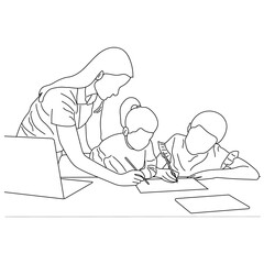 The teacher helps pupils color. Vector line art is isolated on a white background.