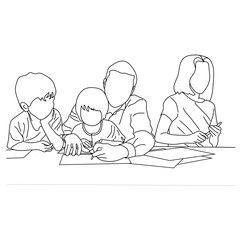 Loving dad and cute kids drawing with the maker at tablet vector line art isolated on a white background.
