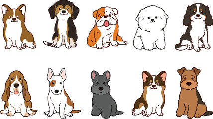 Simple and adorable illustrations of friendly medium sized dogs outlined