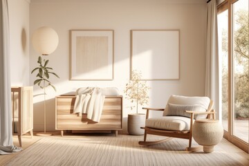 Clean pastel baby nursery interior with sustainable wood crib and linen rocking chair 