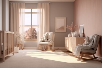 Clean pastel baby nursery interior with sustainable wood crib and linen rocking chair 