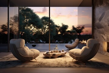 Twilight modern luxury exterior outdoor entertaining patio with fireplace and outdoor lighting
