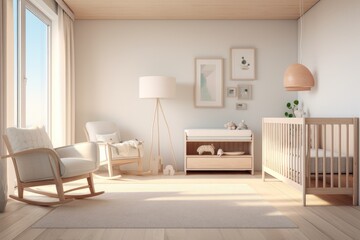 Clean pastel baby nursery interior with sustainable wood crib and linen rocking chair 