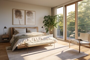 Spacious timeless beauty traditional modern residential with scandinavian danish mcm interior design white neutral walls and cozy bedding with nature views and plants