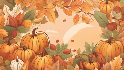 autumn background with pumpkins and leaves, autumn harvest illustration