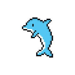pixel dolphin icon.  Vector pixel art marine dolphin  8 bit game logo for company 
