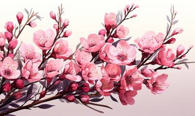 Drawn, a branch with pink flowers on a white background.