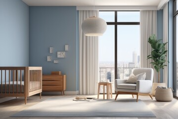 Modern Pastel Blue Baby Nursery Interior Apartment with City Views and Wood Crib