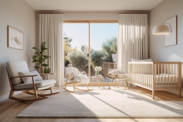 Neutral Beautiful Nursery Interior with White Area and Organic Rocking Chair and Light Filtering Curtains