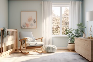 Sustainable Pastel Blue Baby Nursery Interior with Wood Rocking Chair and Console Table with House Plant