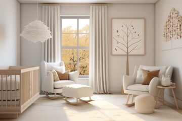 Cozy Cute Baby Nursery with Cloud Light and White Walls with Tree Art