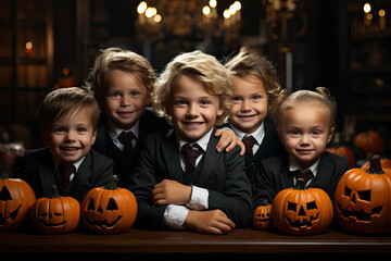 Naklejka premium Happy children in formal suits and ties sit among Halloween pumpkins during holiday