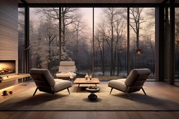 Fall Twilight Modern Living Room Interior with Double Accent Chairs Facing Expansive Windows with Fireplace