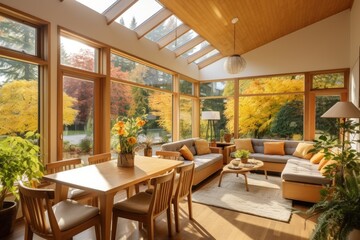 Fototapeta premium Stunning Fall Modern Dining Area with Living Room Interior and Skylights with Fall Yellow Tree Views